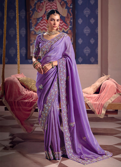 Iris Puple Embroidered Tissue Silk Saree