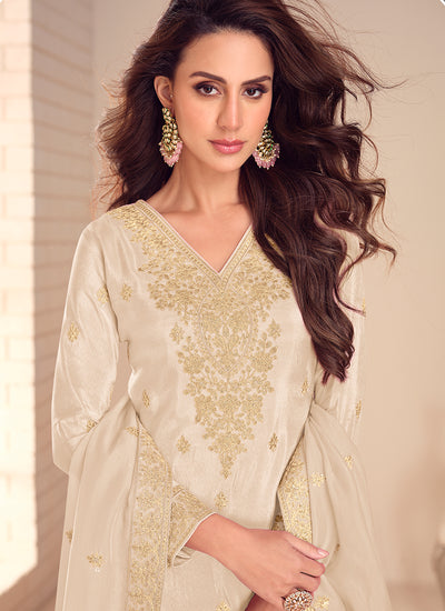 Ivory Beige Embroidered Palazzo Suit