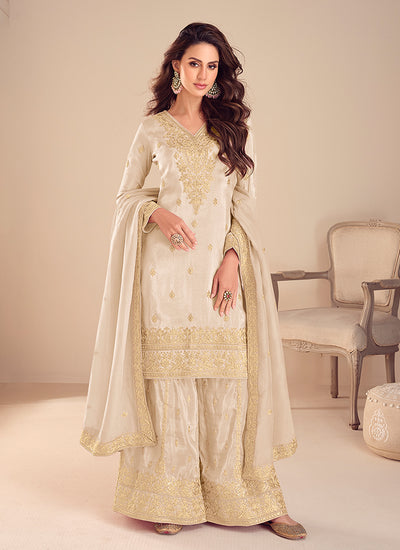 Ivory Beige Embroidered Palazzo Suit