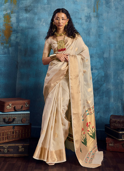 Ivory Beige Floral Brocade Silk Saree