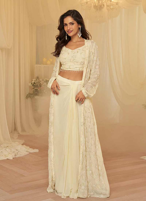 Ivory Cream Embroidery Jacket Style Indo Western Set