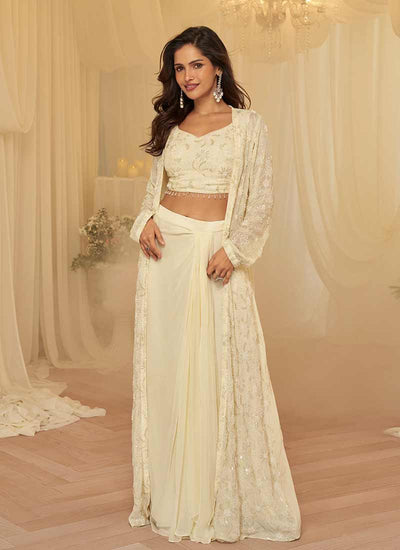 Ivory Cream Embroidery Jacket Style Indo Western Set