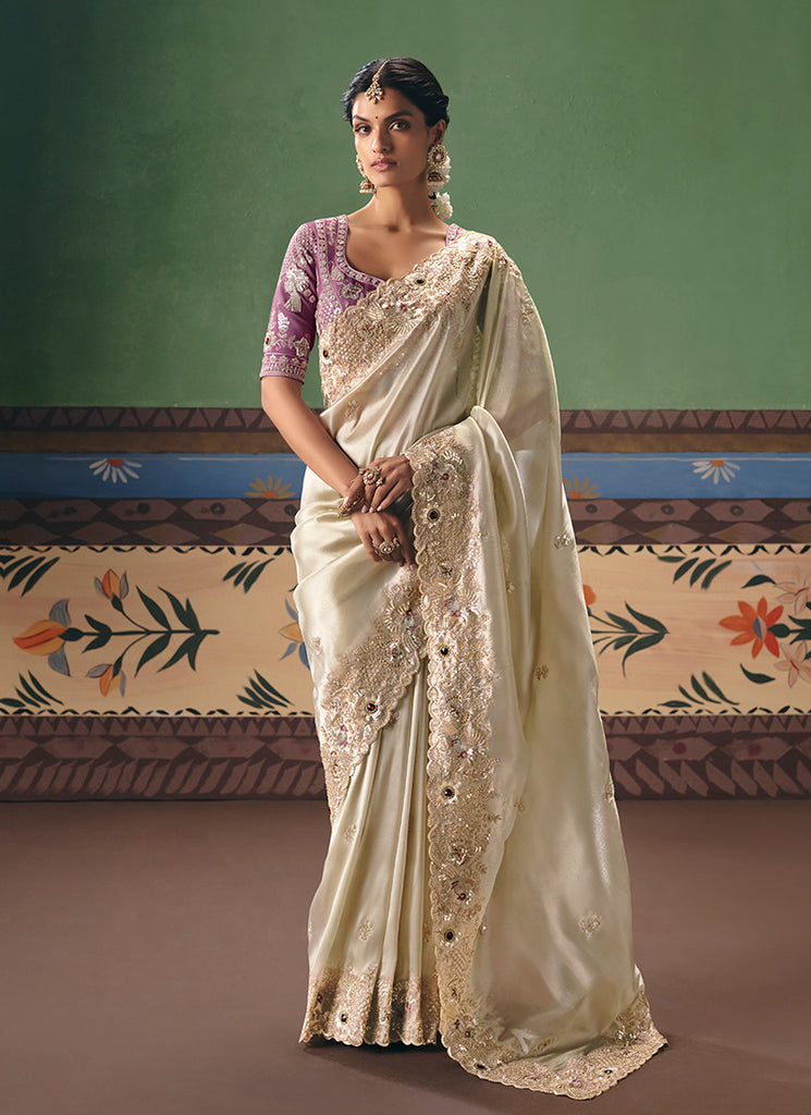 Ivory Mauve Handwork Embroidered Silk Saree