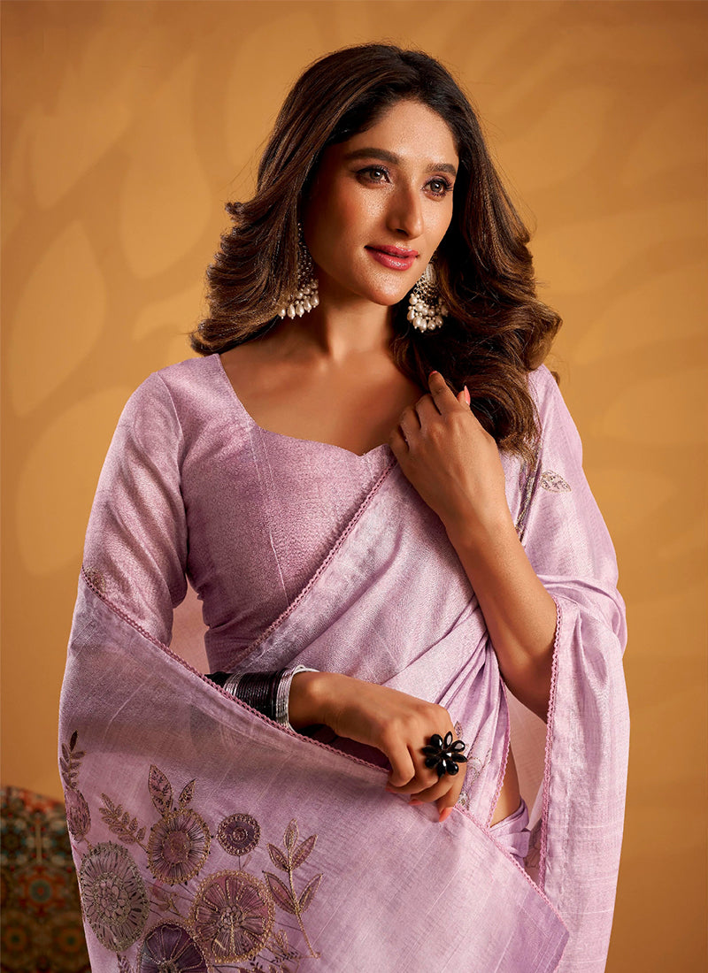 Lavender Embroidered Traditional Silk Saree