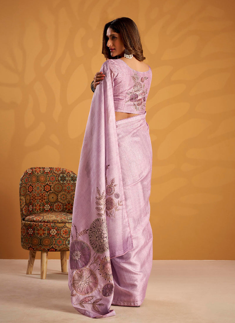 Lavender Embroidered Traditional Silk Saree