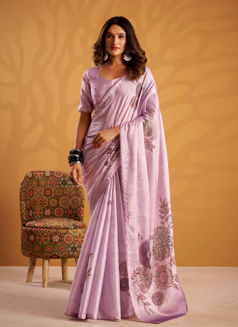 Lavender Embroidered Traditional Silk Saree