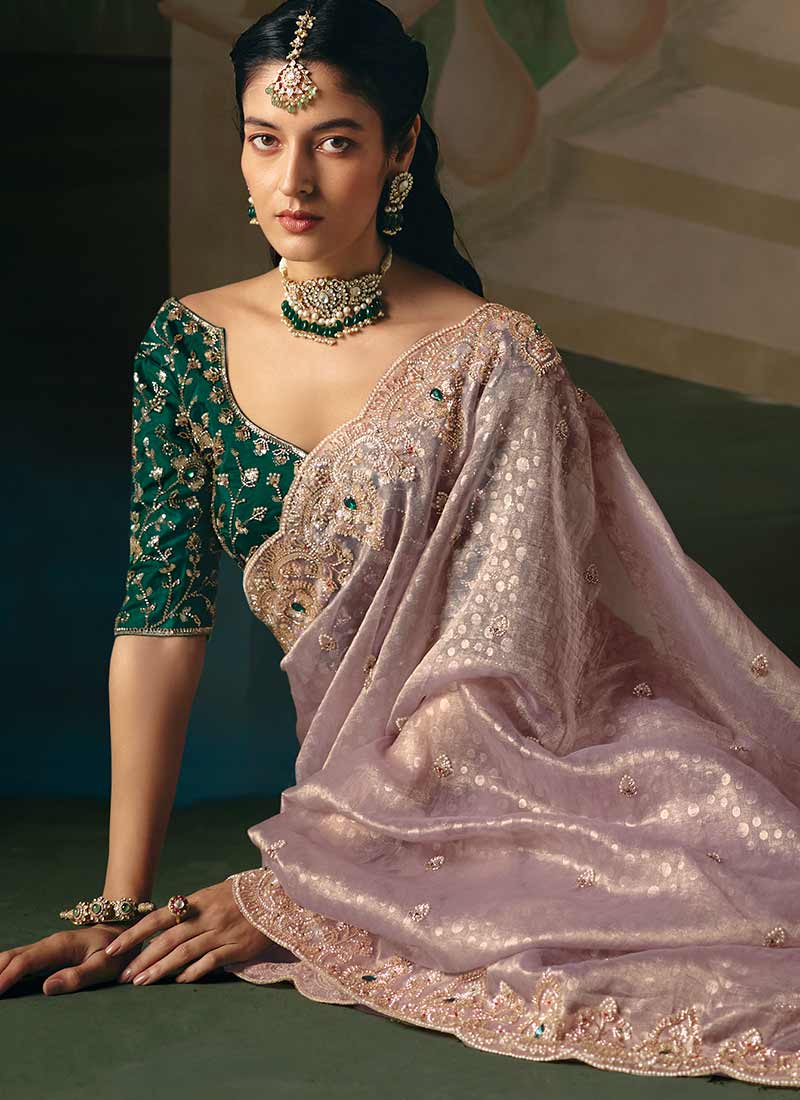 Lavender and Green Embroidery Saree and Blouse