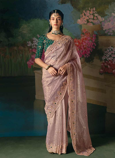 Lavender and Green Embroidery Saree and Blouse