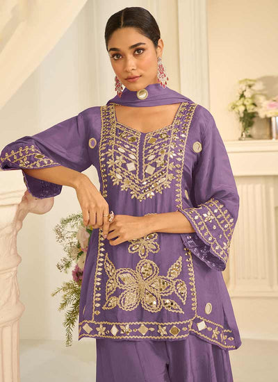 Lavender Mirror Embroidery Sharara Style Suit