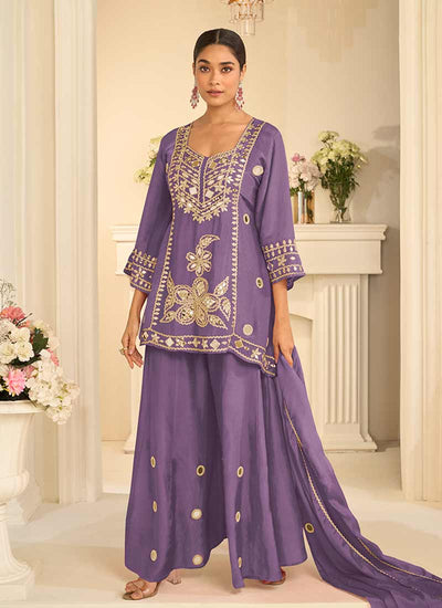 Lavender Mirror Embroidery Sharara Style Suit