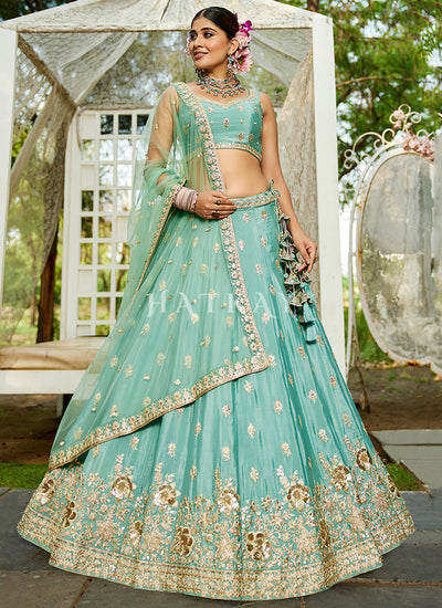 Aqua Blue Traditional Embroidery Wedding Lehenga Choli