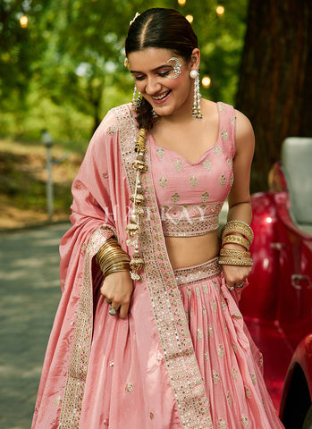 Soft Peach Traditional Embroidery Wedding Lehenga Choli