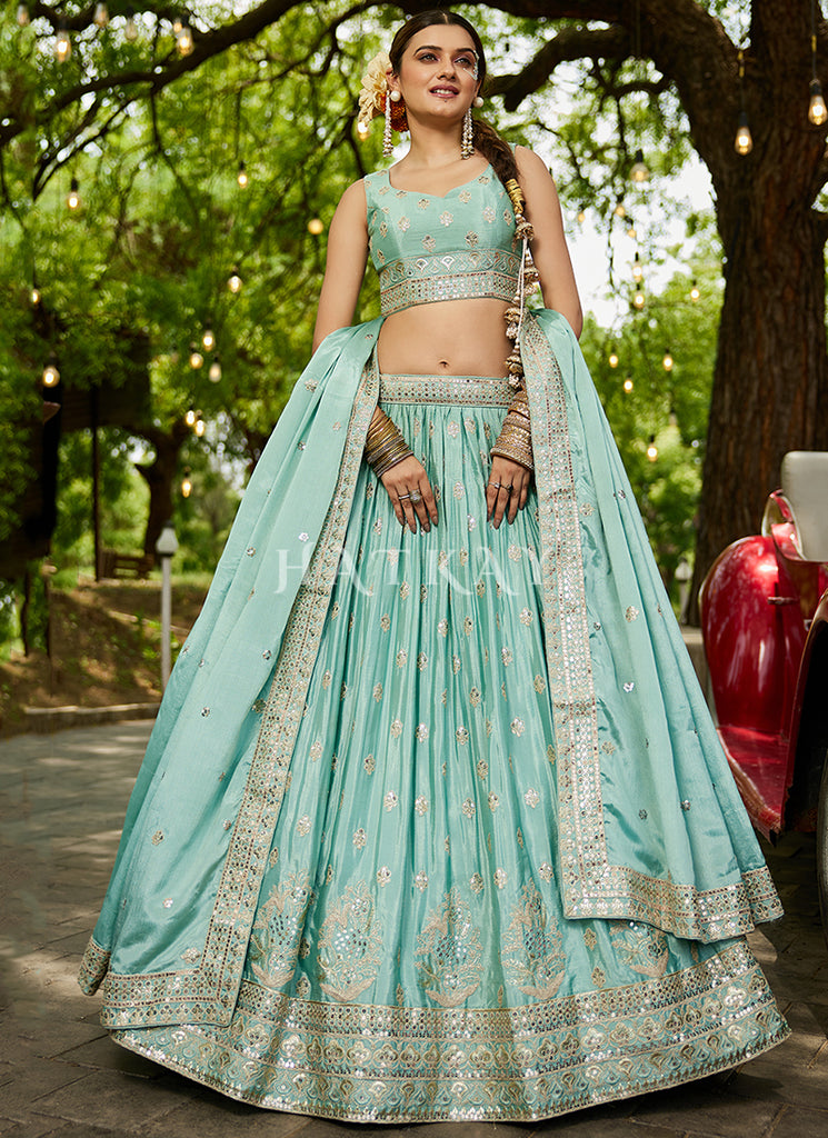 Aqua Blue Traditional Embroidery Wedding Lehenga Choli