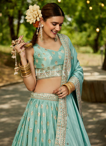 Aqua Blue Traditional Embroidery Wedding Lehenga Choli