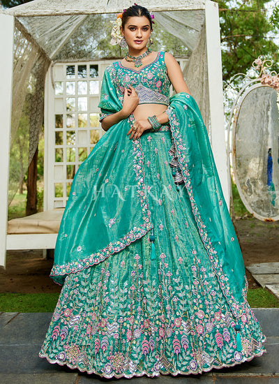 Turquoise Floral Embroidery Bridal Lehenga Choli