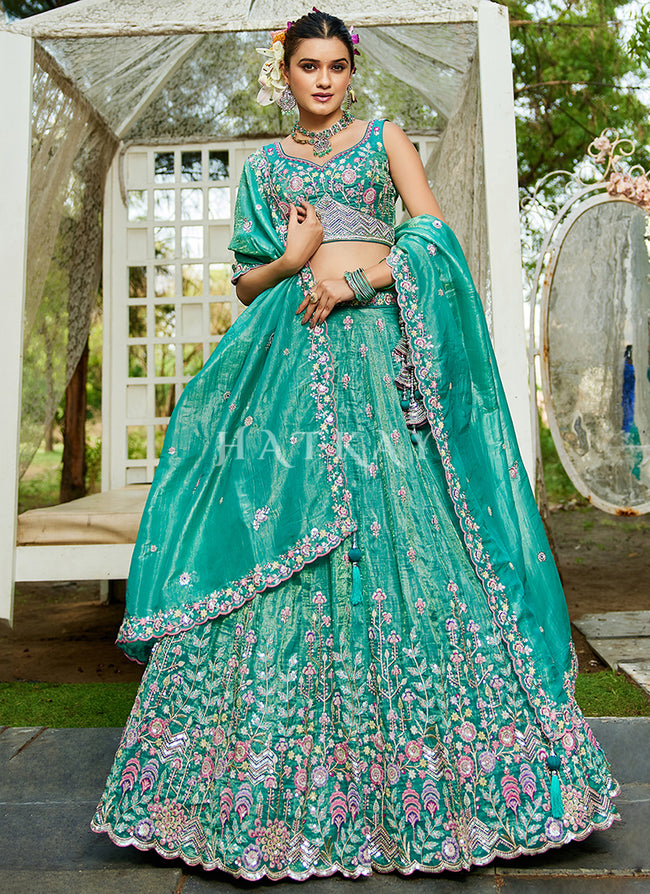 Turquoise Floral Embroidery Bridal Lehenga Choli