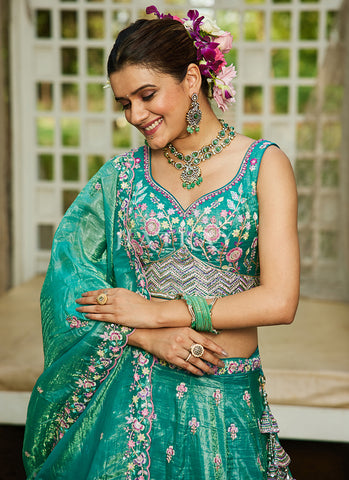 Turquoise Floral Embroidery Bridal Lehenga Choli