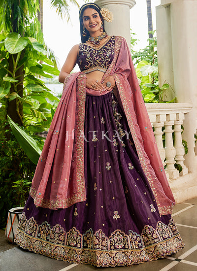 Wine And Peach Traditional Embroidery Bridal Lehenga Choli