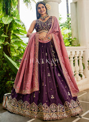 Wine And Peach Traditional Embroidery Bridal Lehenga Choli