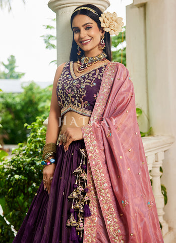 Wine And Peach Traditional Embroidery Bridal Lehenga Choli