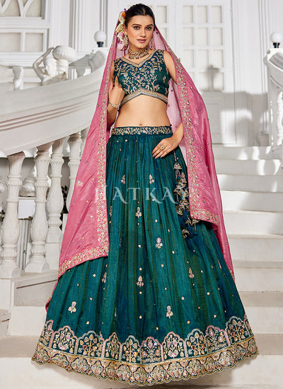 Green And Pink Traditional Embroidery Bridal Lehenga Choli