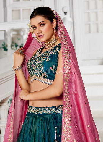 Green And Pink Traditional Embroidery Bridal Lehenga Choli