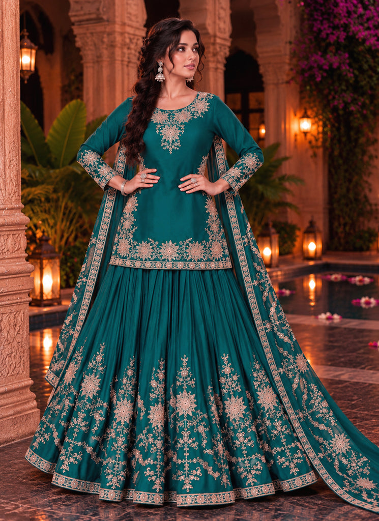 Shop Teal Green Festive Lehenga Kurti Set In UK