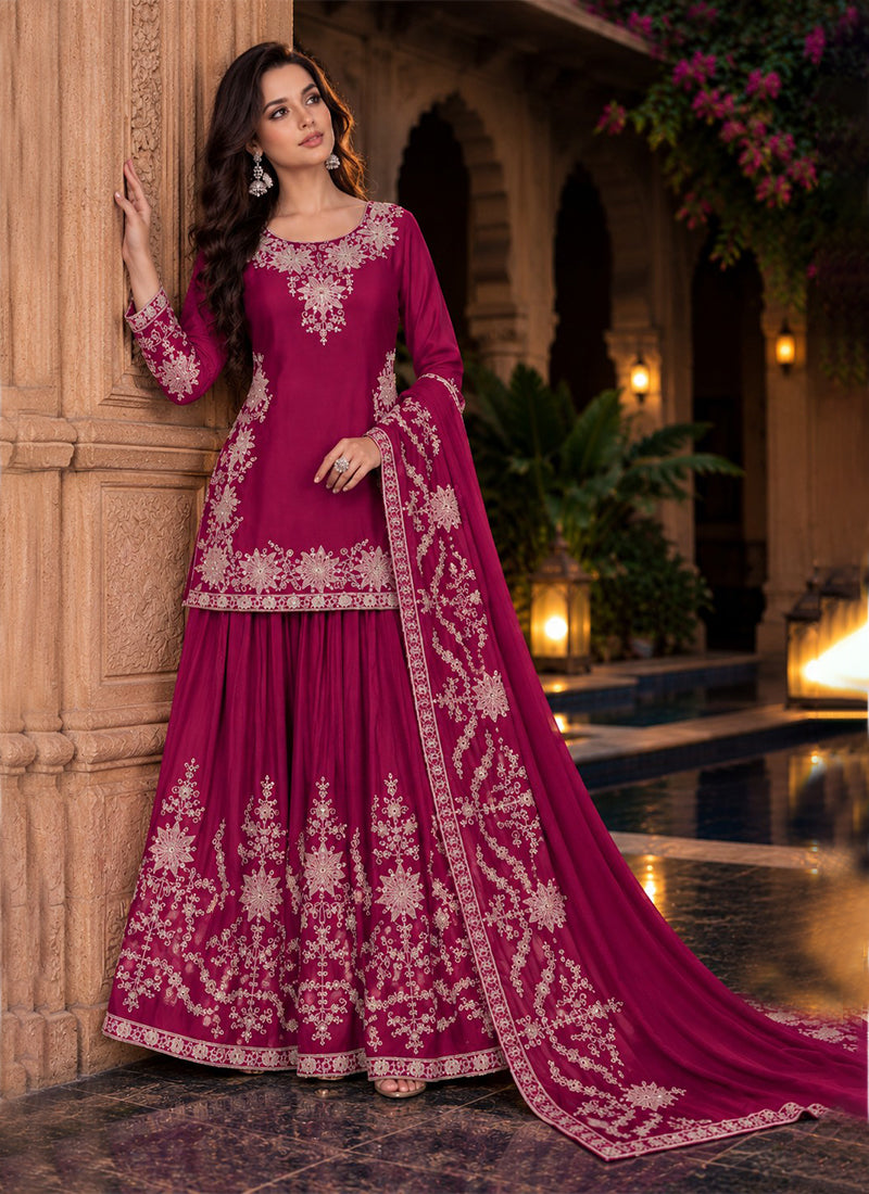 Magenta Embroidered Festive Lehenga Kurti Set