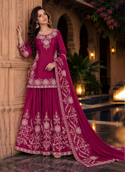 Magenta Embroidered Festive Lehenga Kurti Set