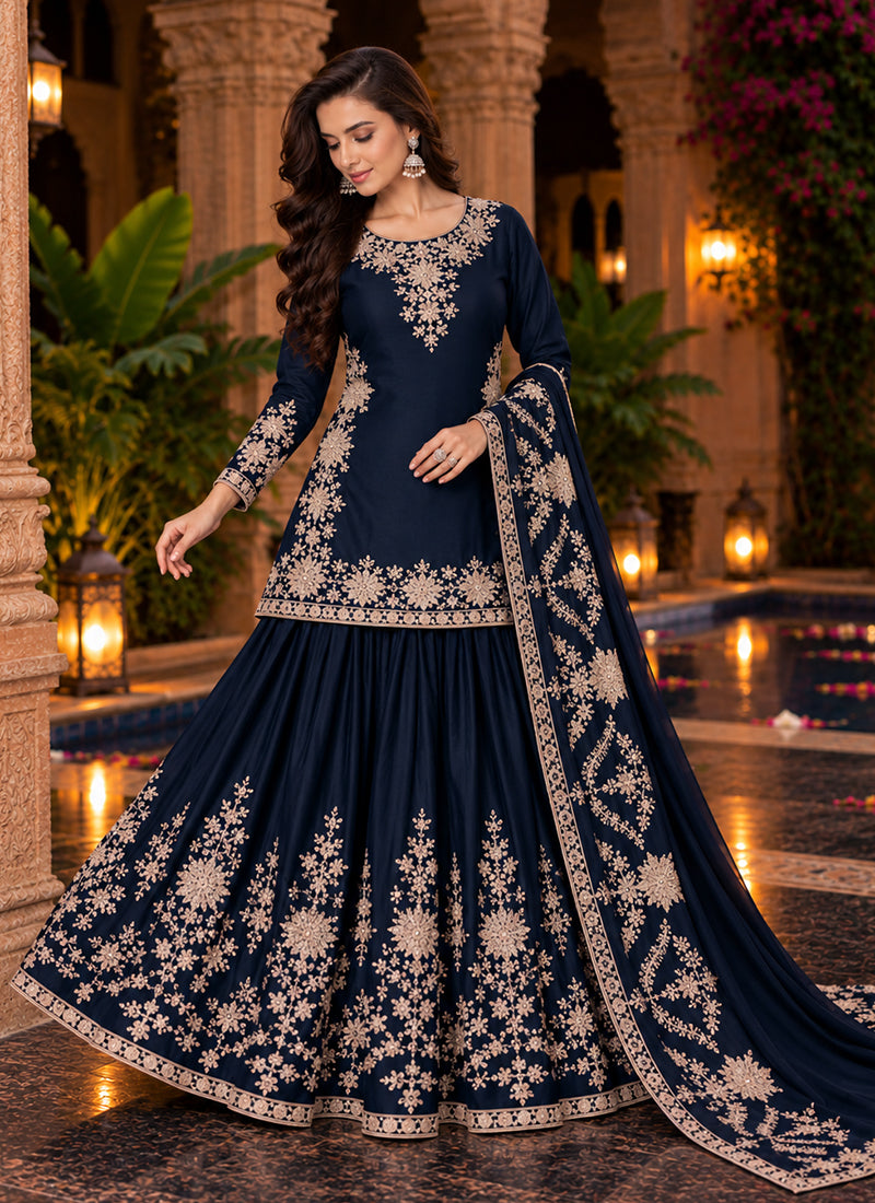 Navy Blue Embroidered Festive Lehenga Kurti Set