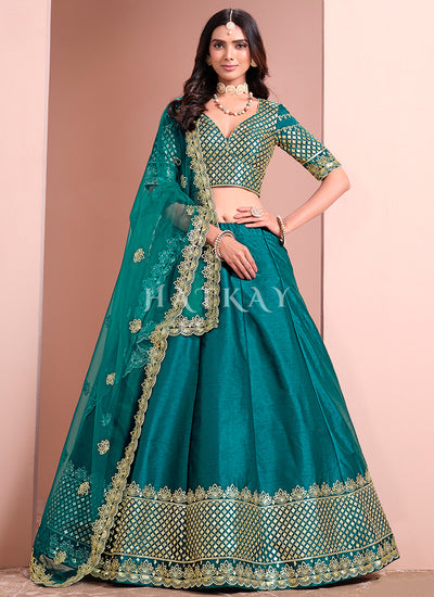 Teal Blue Embroidered Silk Lehenga Choli