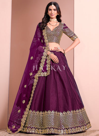 Deep Purple Embroidered Silk Lehenga Choli