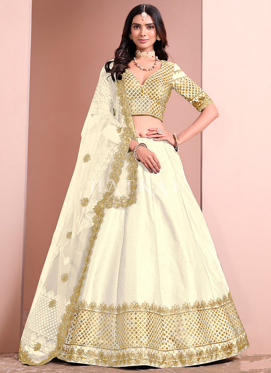 Off White Embroidered Silk Lehenga Choli