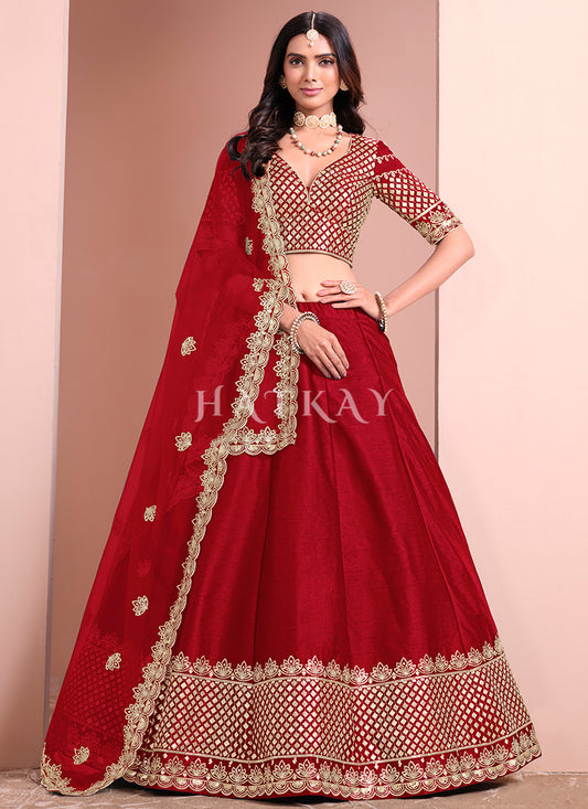 Bridal Red Embroidered Silk Lehenga Choli