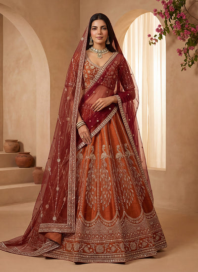 Rust Orange Embroidered Wedding Lehenga Choli