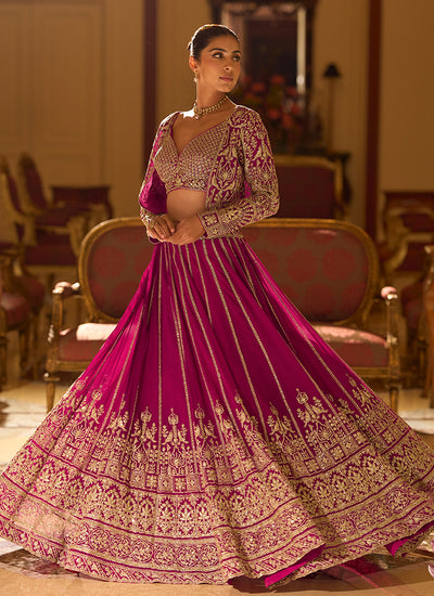 Magenta Pink Embroidery Jacket Style Lehenga