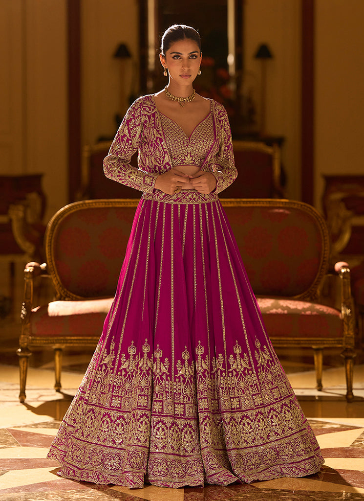 Magenta Pink Embroidery Jacket Style Lehenga