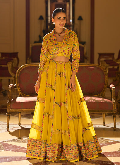 Yellow Multi Embroidery Jacket Style Lehenga