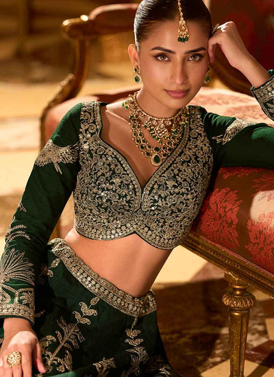 Emerald Green Traditional Embroidery Bridal Lehenga Choli
