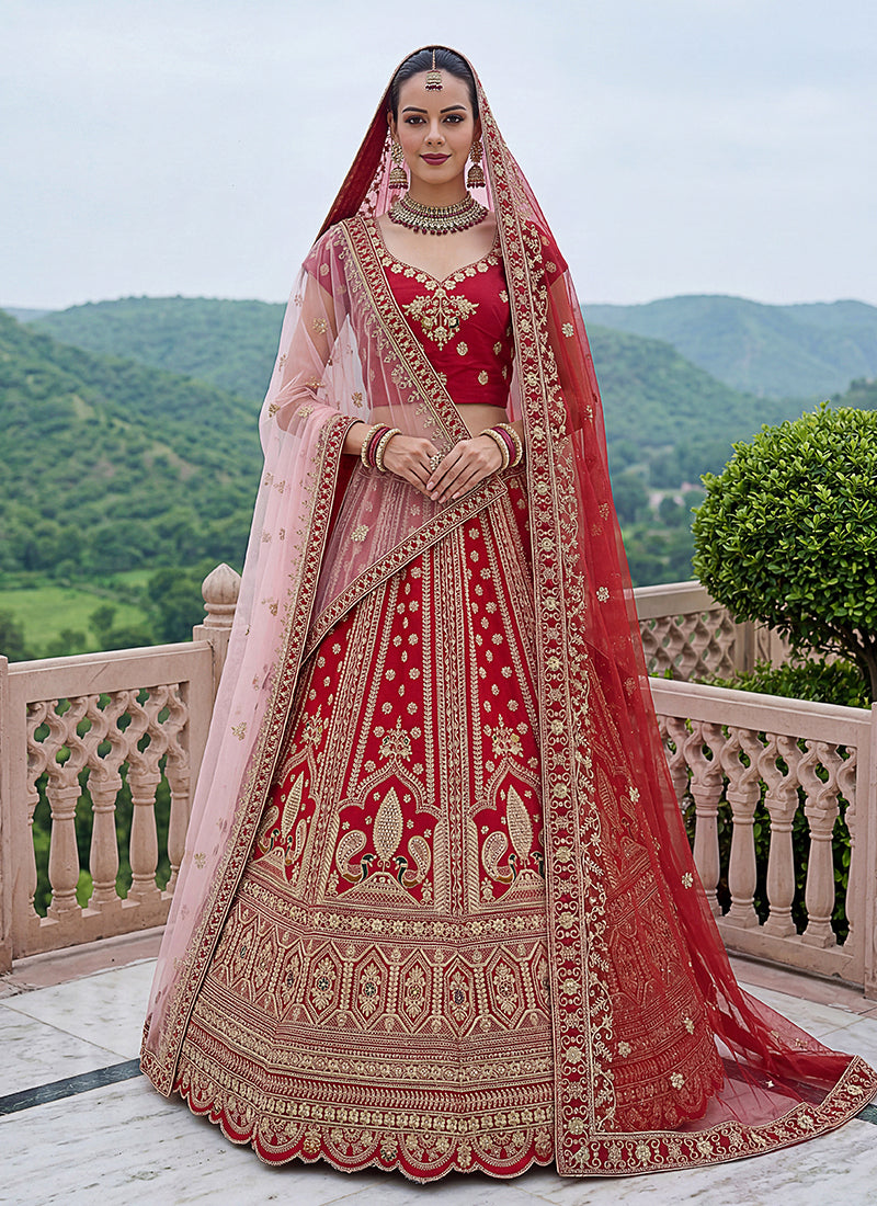 Bridal Red Embroidered Silk Lehenga Choli