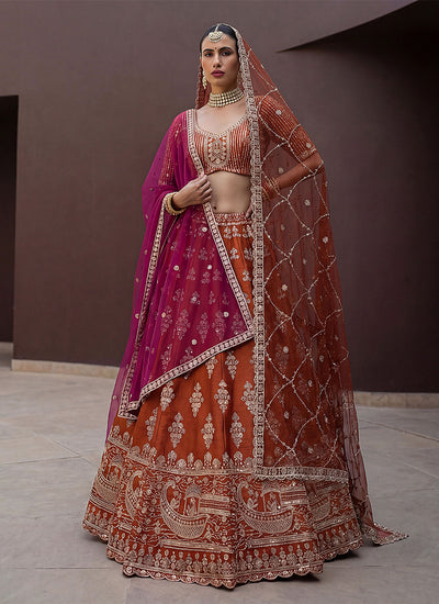 Orange Traditional Embroidered Silk Lehenga Choli