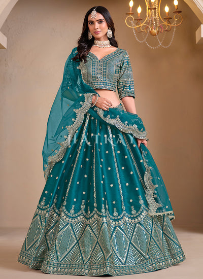 Turquoise Embroidered Silk Lehenga Choli