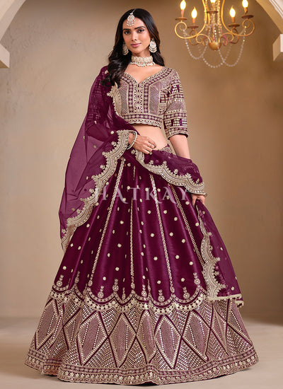 Plum Purple Embroidered Silk Lehenga Choli
