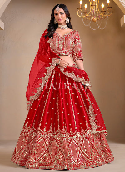 Bridal Red Embroidered Silk Lehenga Choli