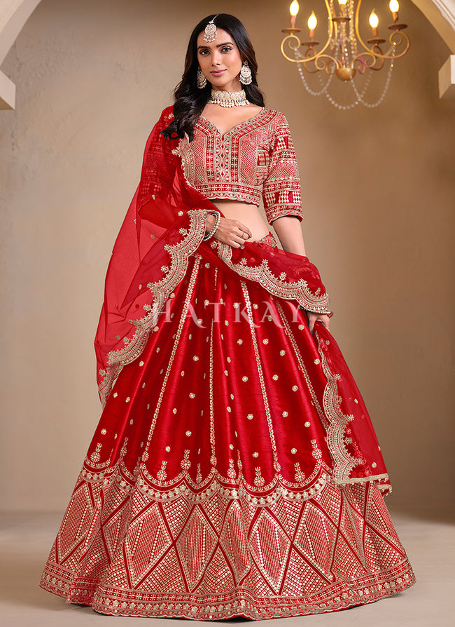 Bridal Red Embroidered Silk Lehenga Choli