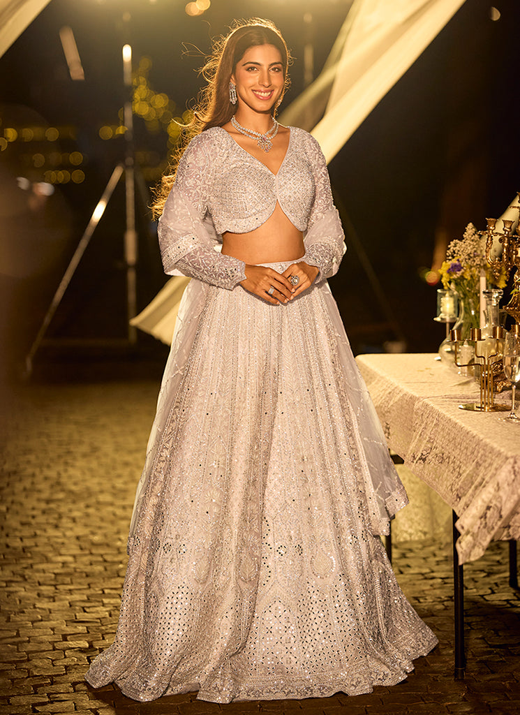 Pearl White Mirror Embroidered Bridal Lehenga Choli