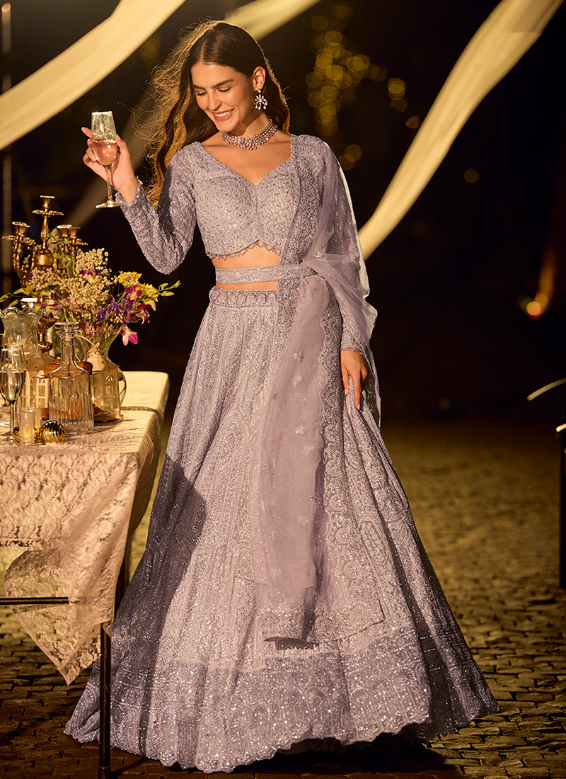 Mauve Purple Hand Embroidered Bridal Lehenga Choli