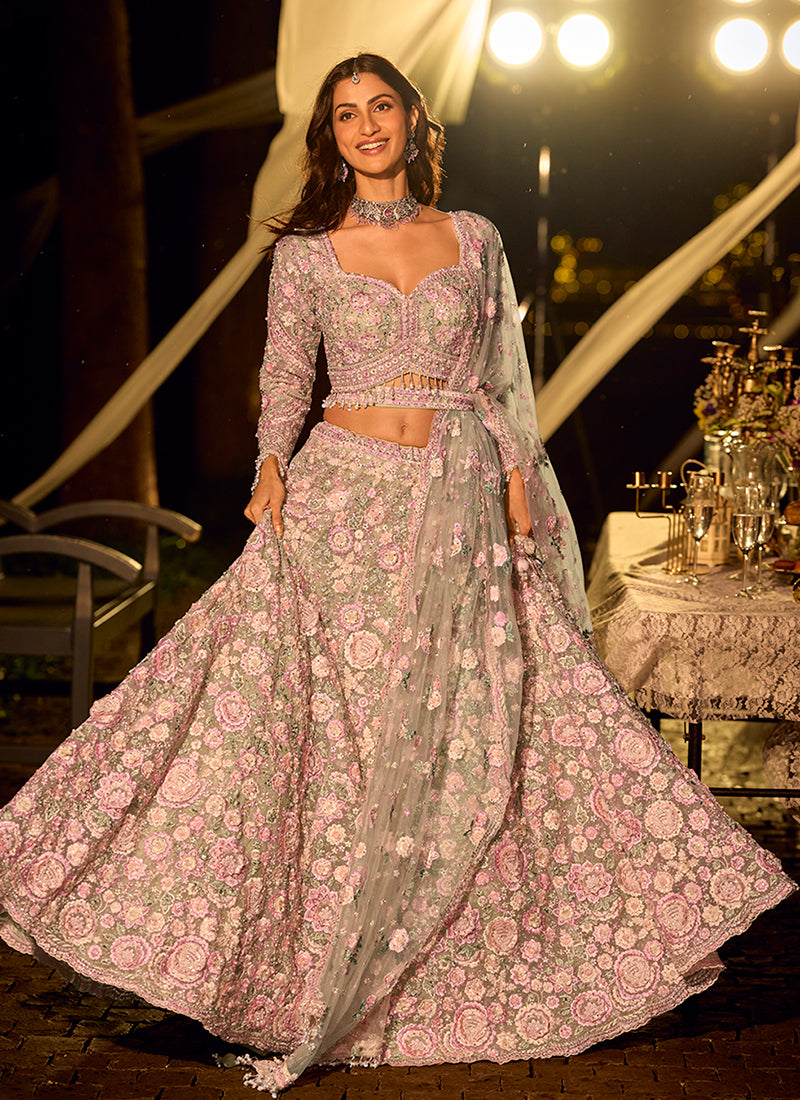 Grey Floral Hand Embroidered Bridal Lehenga Choli