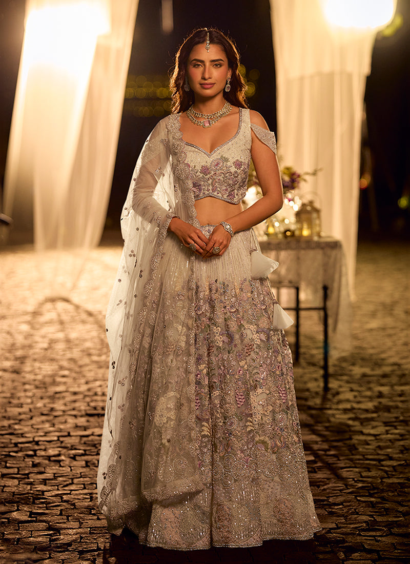 Off White Floral Hand Embroidered Bridal Lehenga Choli