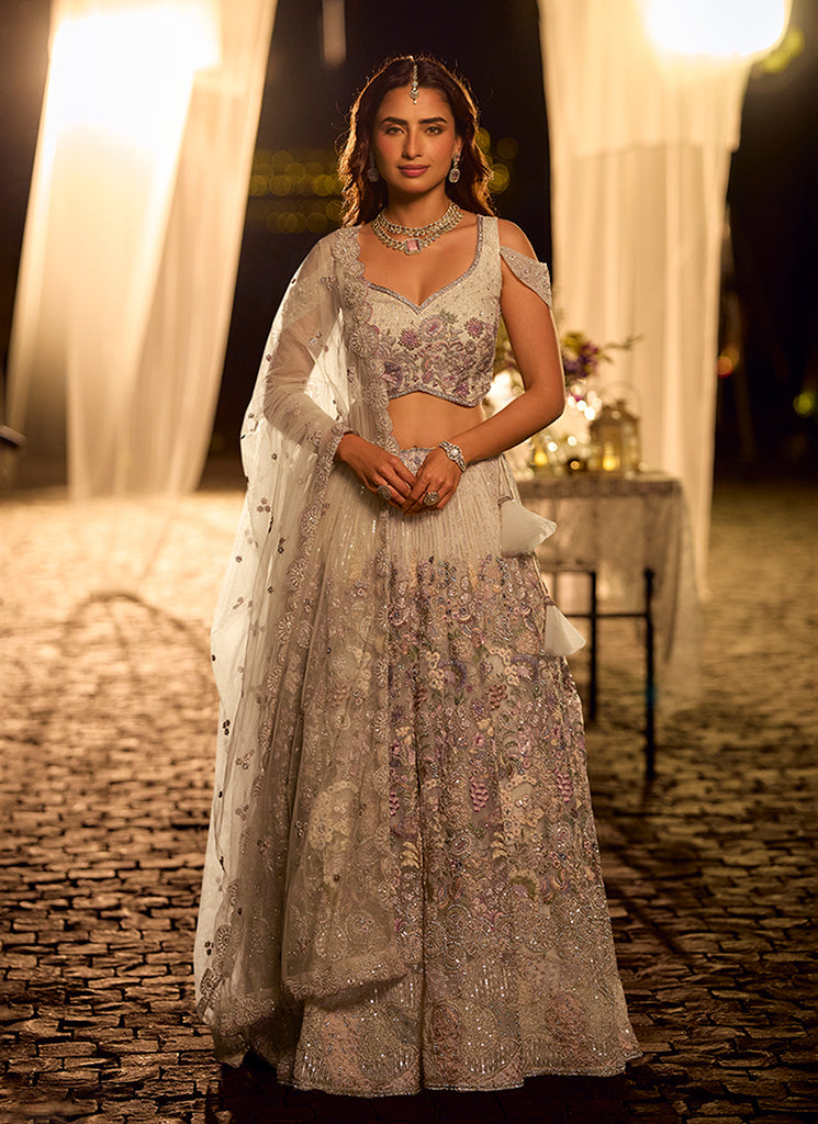 Off White Floral Hand Embroidered Bridal Lehenga Choli